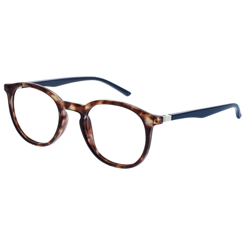 Opulize Met Brown Tortoiseshell Navy Blue Reading Glasses Large Round Comfortable Mens Womens Spring Hinges R60-2 +1.00 +1.00 Magnification (Pack of 1) Brown Tortoiseshell Front Navy Blue Arms - BeesActive Australia
