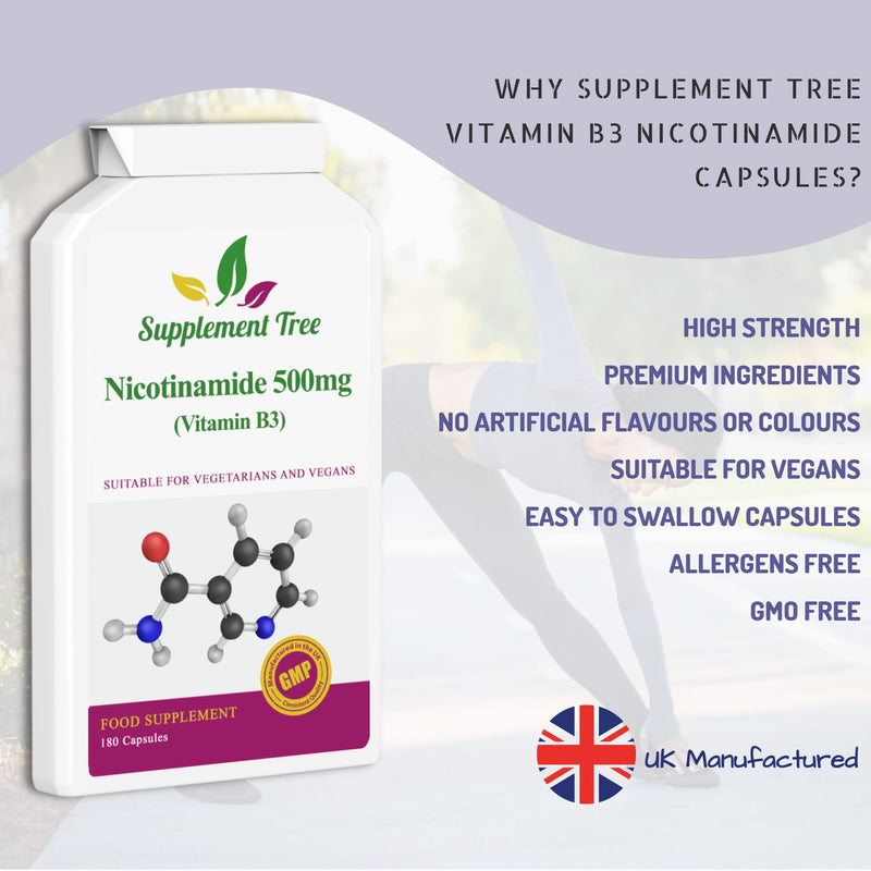 Vitamin B3 Nicotinamide 500mg 180 Capsules | Flush Free Niacinamide | UK Manufactured | Suitable for Vegans & Vegetarians - BeesActive Australia