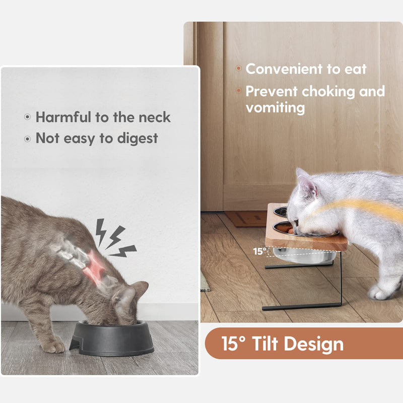 Siooko Elevated Cat Bowls, 15° Tilted Raised Cat Food Bowls Wood Pet Bowls with Stand Anti Vomiting 2 Stainless Steel Bowls for Cats and Puppy - BeesActive Australia