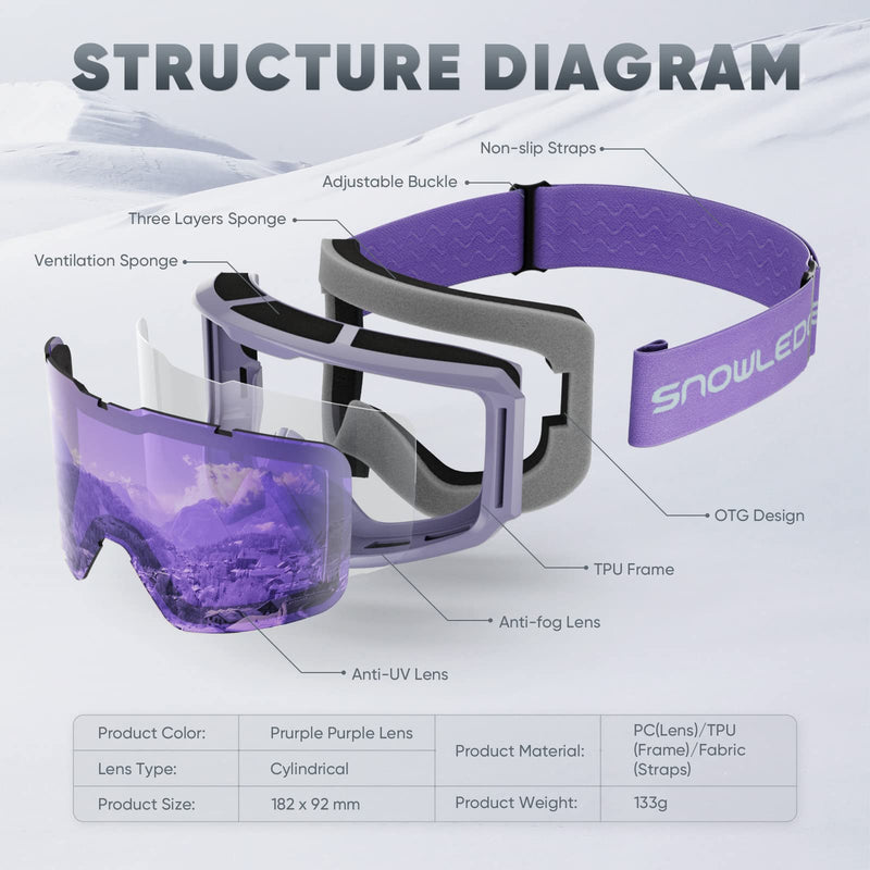Ski/Snowboard Goggles for Men, Women & Youth -OTG 100% UV Protection Bright Purple/Purple Lens (Light Silver) - BeesActive Australia