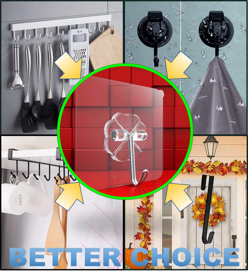 Adhesive Hooks, 20 Packs, 33lbs/15kg Premium Heavy Duty Wall Ceiling Hooks for Hanging, Damage Free, Clear Sticky Hanger for Kitchen, Bathroom Shower Outdoor Use. - BeesActive Australia