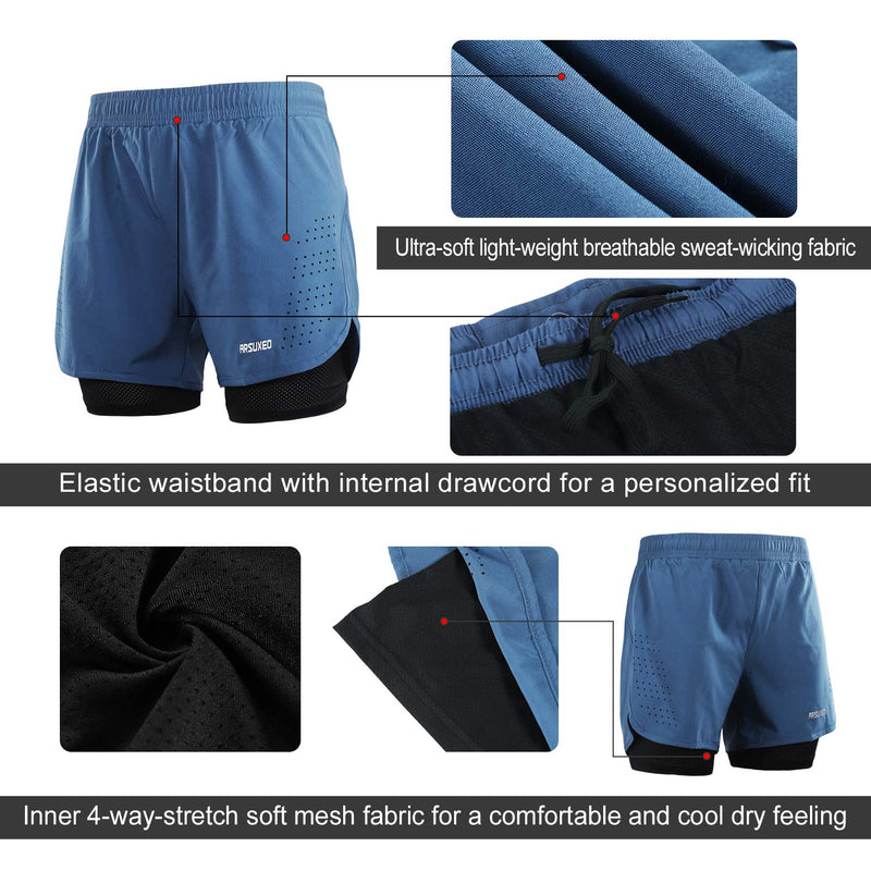 [AUSTRALIA] - ARSUXEO Men's Active Training Running Shorts 2 in 1 Blue Medium 