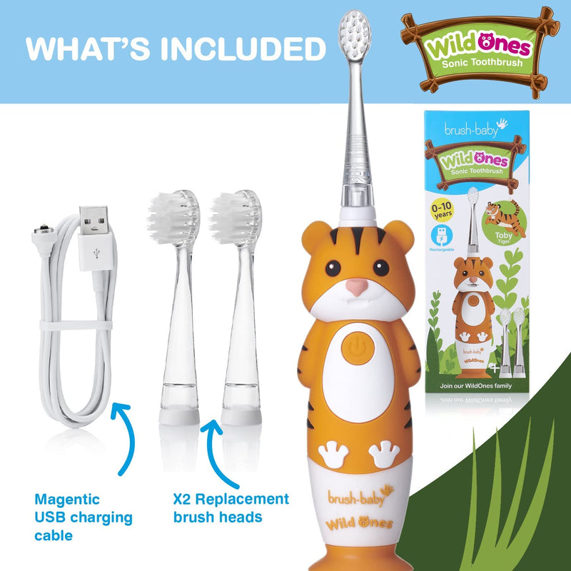 Brush-Baby WildOnes Kids Electric Rechargeable Toothbrush, 1 Handle, Brush Head, USB Charging Cable, for Ages 0-10 (Tiger) Tiger - BeesActive Australia