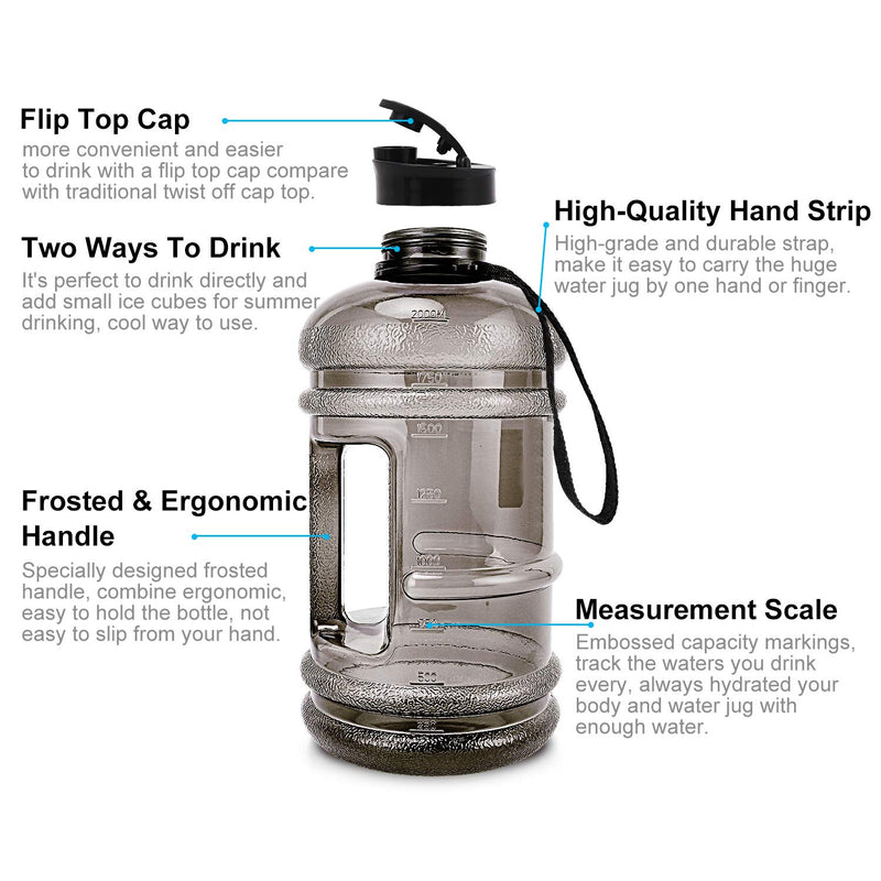 Water Jug 2.2L Large Sport Water Bottle Big Capacity Leakproof Container BPA Free Plastic with Carrying Loop Fitness for Camping Training Bicycle Hiking Gym Outdoor (Black) Black - BeesActive Australia