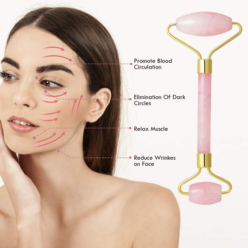 Jade Roller Rose Quartz For Face and Gua Sha Set | Facial Tool Rollers Massager Skin Contour Eye Puffiness | Face Eye Neck Roller For Slimming Firming | Anti Aging - BeesActive Australia