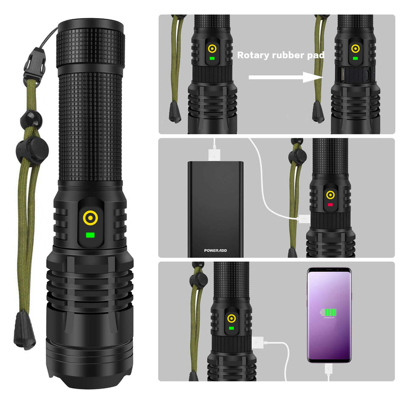 3000 Lumen Rechargeable Tactical Flashlight - YXQUA XHP70 High Lumen Flashlight IP67 Water Resistant,5 Modes and Zoomable for Camping, Emergency, Hiking, Gift one size one colour - BeesActive Australia