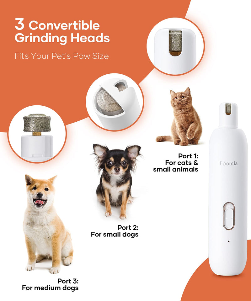 Loomla Dog Nail Grinder Upgraded - Professional 2 Speed Dog Nail Trimmers with Low Noise, USB Rechargeable Pet Nail Grinder, Paws Grooming and Smoothing for Dogs, Cats and Small Animals White - BeesActive Australia