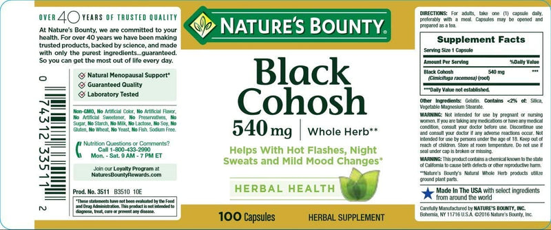 Nature's Bounty Black Cohosh Root Pills and Herbal Health Supplement, Natural Menopausal Support, 540 mg, 100 Capsules - BeesActive Australia