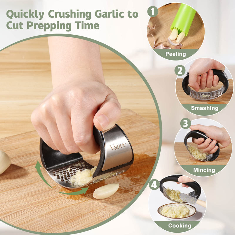 Vantic Garlic Press Rocker - Stainless Steel Garlic Mincer Garlic Crusher, New Innovative Garlic Chopper with Peeler and Scraper for Smash Garlic Green - BeesActive Australia