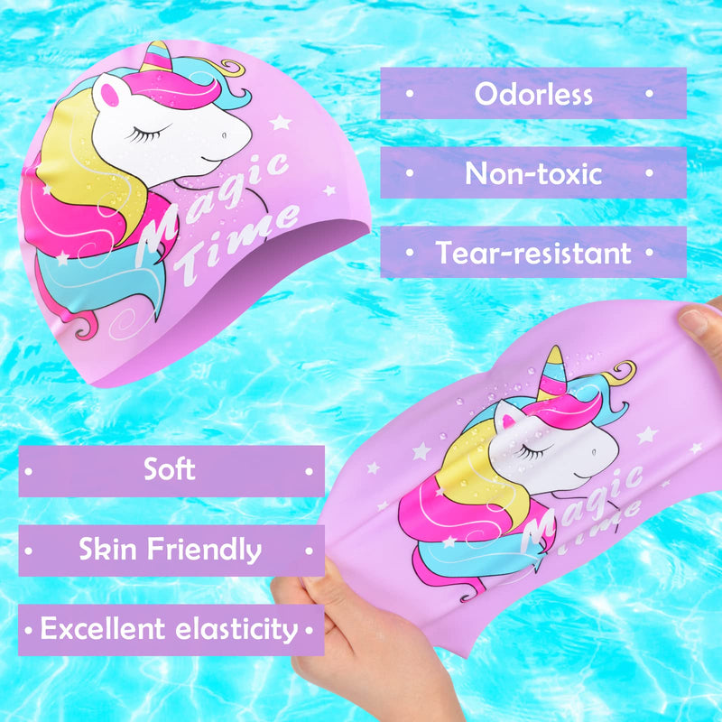 Kids Swim Caps for Girls (Age 3-7), Durable Waterproof Silicone Swimming Cap for Short Hair with Swimming Goggles, Ear Plug and Nose Clip Purple - BeesActive Australia