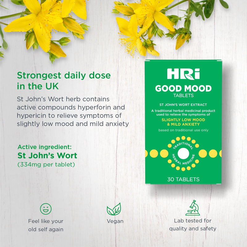 HRI Good Mood St Johns Wort Tablets 334 Milligrams - Strongest Approved Dose on The UK Market - to Relieve The Symptoms of Slightly Low Mood and Mild Anxiety Relief. 60 Tablets 60 Count (Pack of 1) - BeesActive Australia