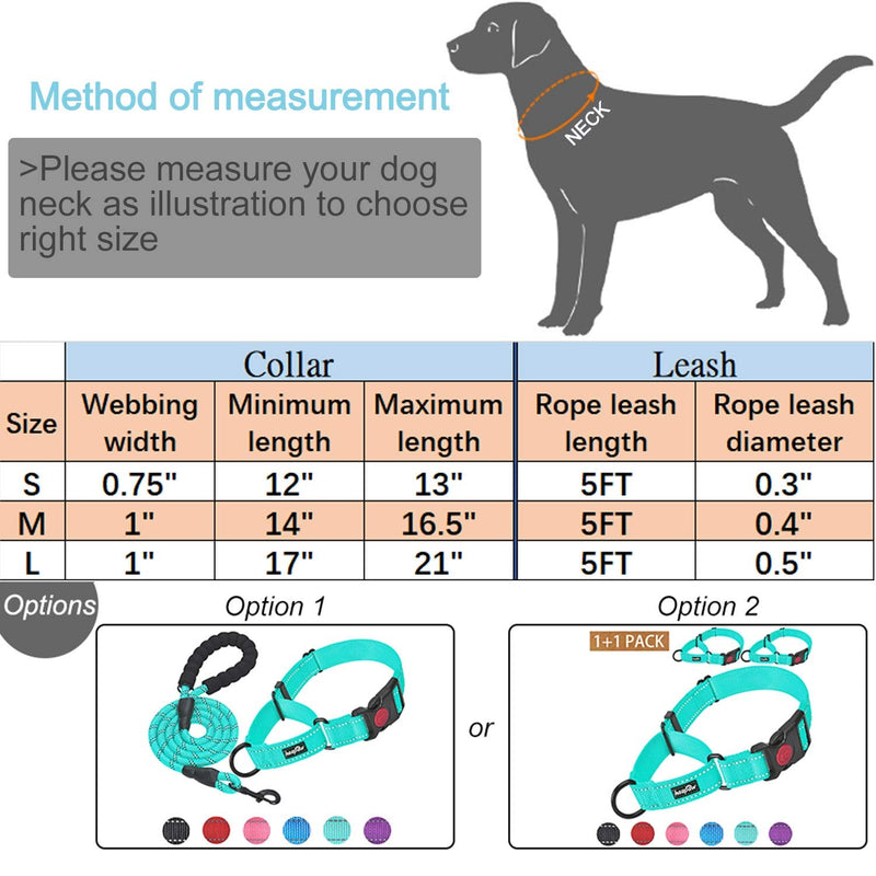 haapaw 2 Packs Martingale Dog Collar with Quick Release Buckle Reflective Dog Training Collars for Small Medium Large Dogs Medium (Pack of 1) Turquoise, Collar+Leash - BeesActive Australia