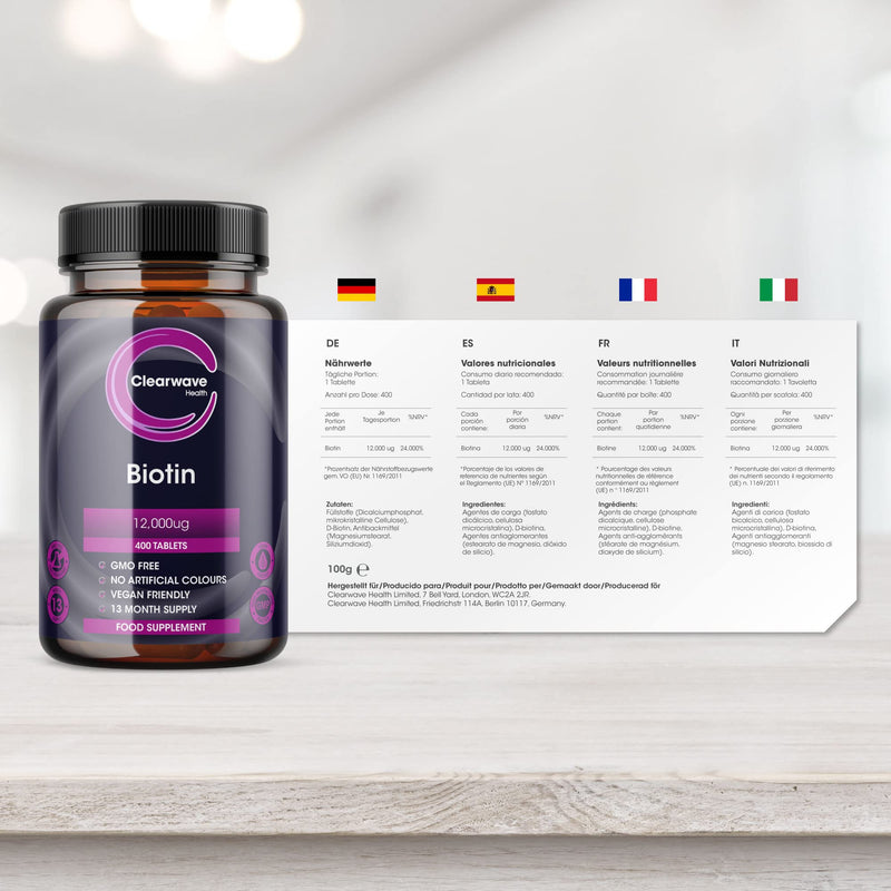 Biotin Hair Growth Supplement - 12,000mcg High Strength - 400 Tablets (13 Month Supply) - Vegan - Made in The UK by Clearwave Health - BeesActive Australia