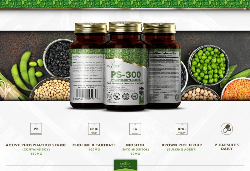 Ezyleaf Phosphatidylserine PS-300 with Choline Bitartrate & Myo-Inositol | 90 High Strength Capsules - 300mg Serving | Phosphatidyl Serine, Choline Supplement | Non-GMO & Gluten Free, UK ISO Certified - BeesActive Australia