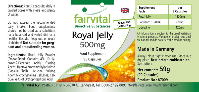 Fairvital | Royal Jelly Extract 500mg - HIGH Dosage - 90 Capsules - standardised to 4% 10-DHA - BeesActive Australia