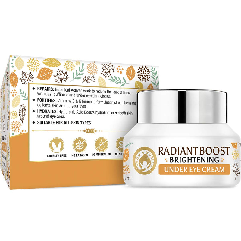 Mom & World Radiant Boost Brightening Under Eye Cream, 30gm - 20 Plant Actives With Vitamin C, B3, Sea Buckthorn Oil, Caffeine, Hyaluronic Acid, For Smooth Brighter Under Eye Skin, Dark Circles - BeesActive Australia