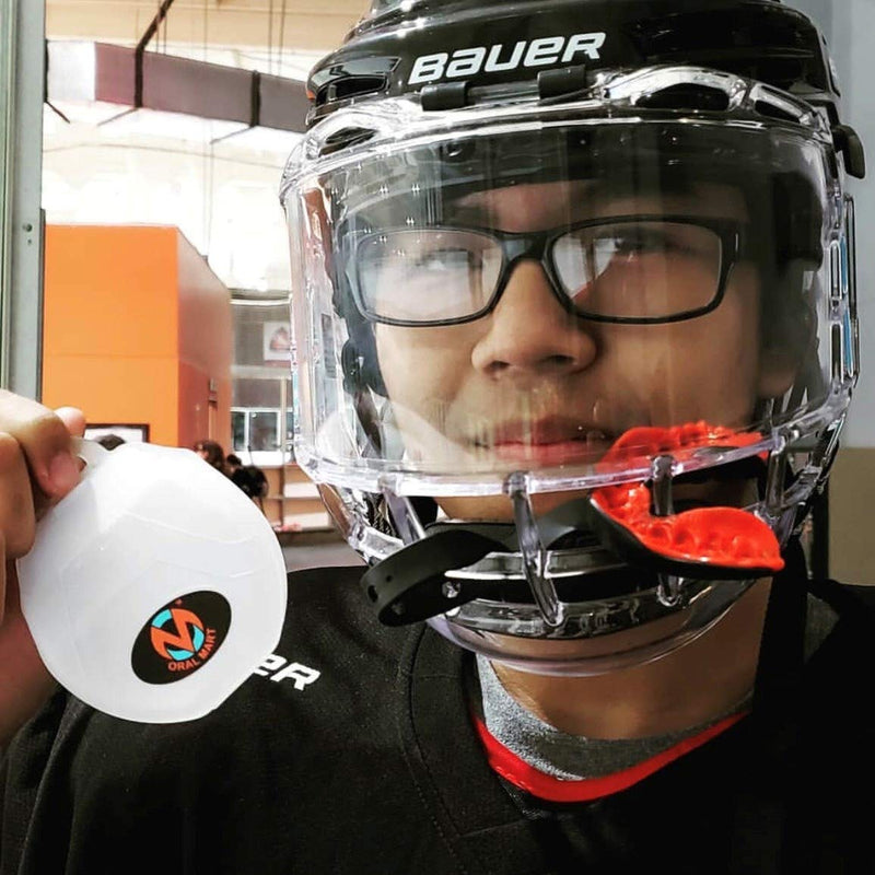 [AUSTRALIA] - Oral Mart Sports Mouth Guard with Strap (6 Best Colors & USA Flag) (Football/Lacrosse/Ice Hockey) - Strapped Mouthguard for Football, Ice Hockey, Lacrosse, College Football (/w Vented Case) Red Blaze Adult (Age 11 & Up) 