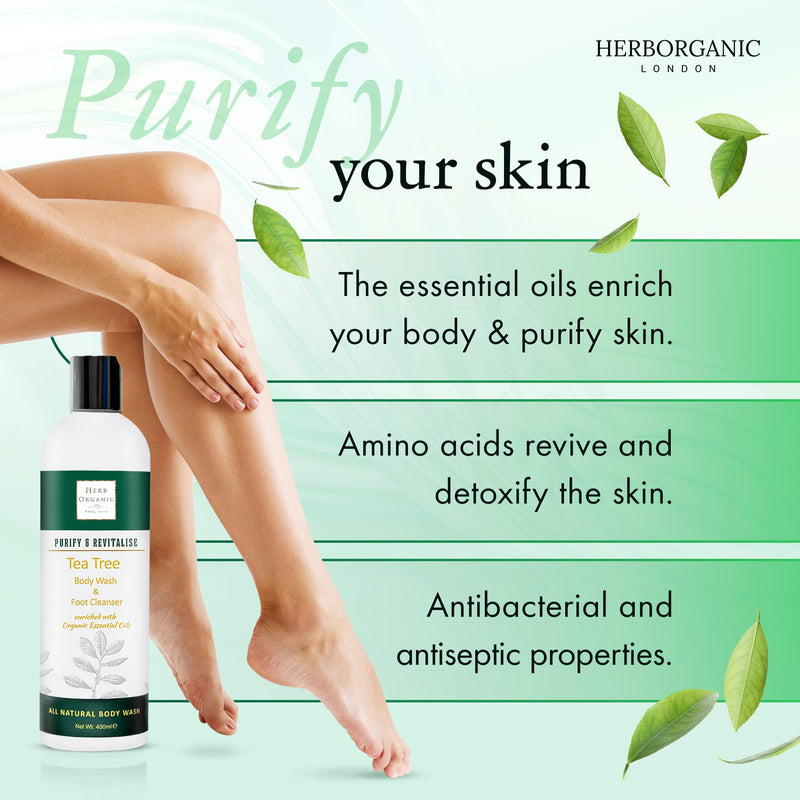 HerbOrganic Tea Tree Body Wash - 400ml - Anti-Bacterial and Anti-Fungal Body Wash - Vegan, Odor and Foot Cleansing Shower Gel - BeesActive Australia