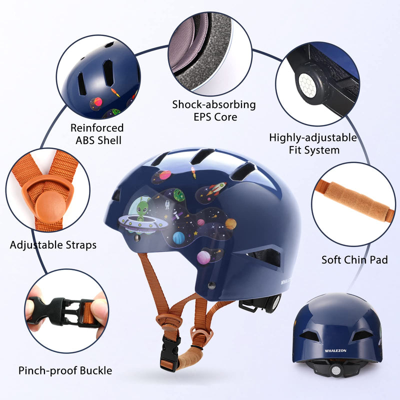 Whalezon Kids Toddler Bike Helmet Ages 3-5-8-14 Youth and Adults, Dual-Certified CPSC and ASTM Skateboard Bicycle Scooter Cycling BMX Skate Helmets for Boys Girls Men and Women Small: 48-54cm/ 19''-21.25'' Alien Space Blueberry - BeesActive Australia