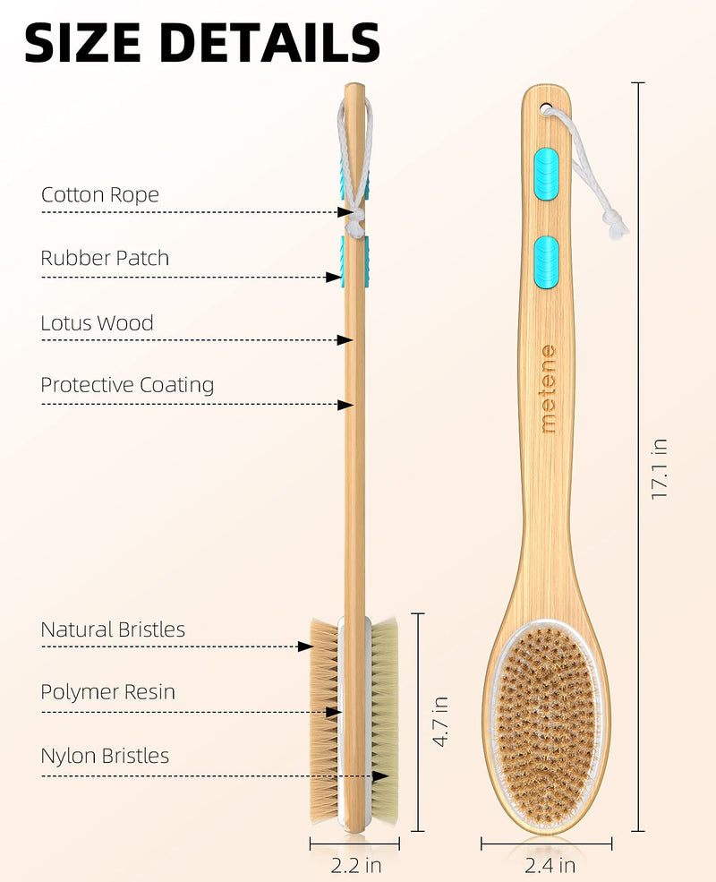 Metene Shower Brush with Soft and Stiff Bristles, Bath Dual-Sided Long Handle Back Scrubber Body Exfoliator for Wet or Dry Brushing 1 Count (Pack of 1) - BeesActive Australia