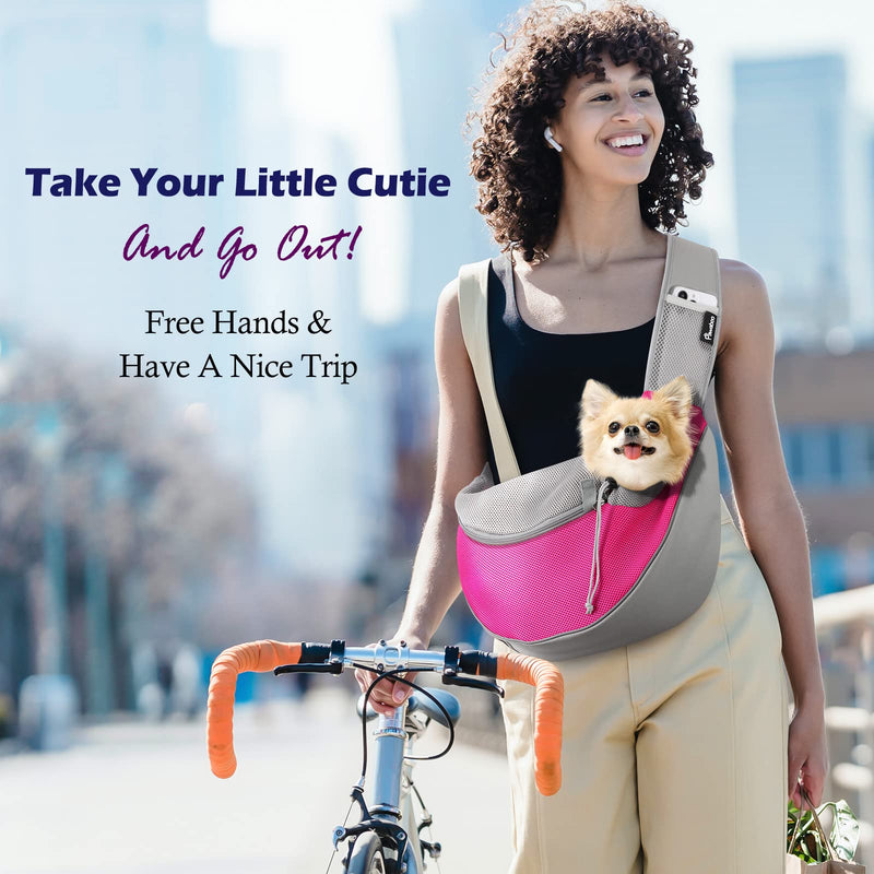 Pawaboo Pet Dog Sling Carrier, Hand Free Drawstring Dog Papoose with Adjustable Strap, Breathable Mesh Bag for Puppy Cat, Crossbody Satchel Dog Purse with Pocket for Outdoor Travel Large Rose Red - BeesActive Australia