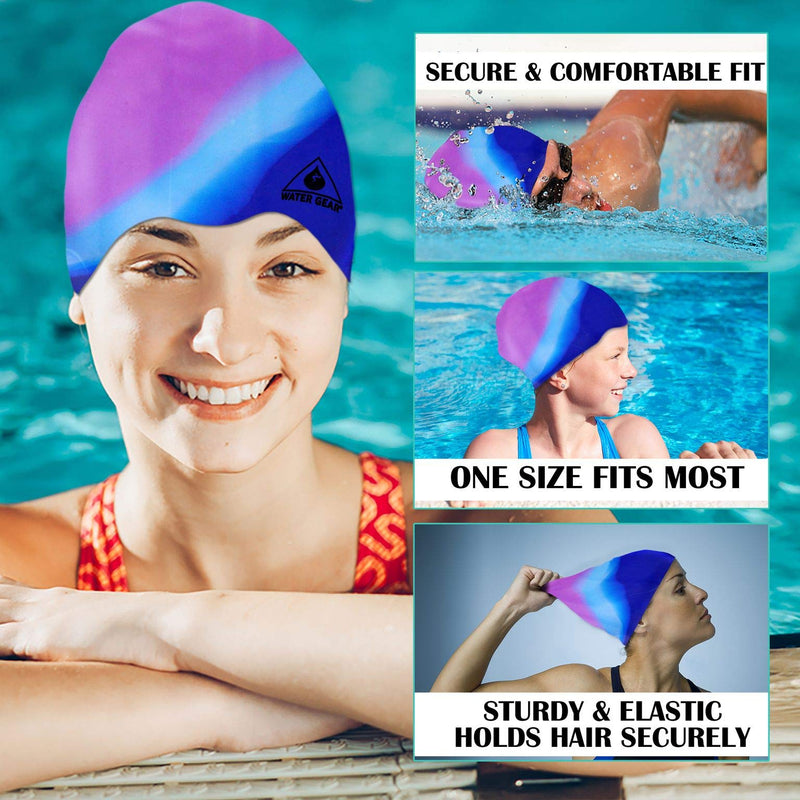 Water Gear Silicone Adult Swim Cap - Flexible Unisex Waterproof - Great for Short and Long Hair - Improve Your Performance - Women Men and Teens -Triathlon Swimmers and Athletes (Blue/Purple) - BeesActive Australia