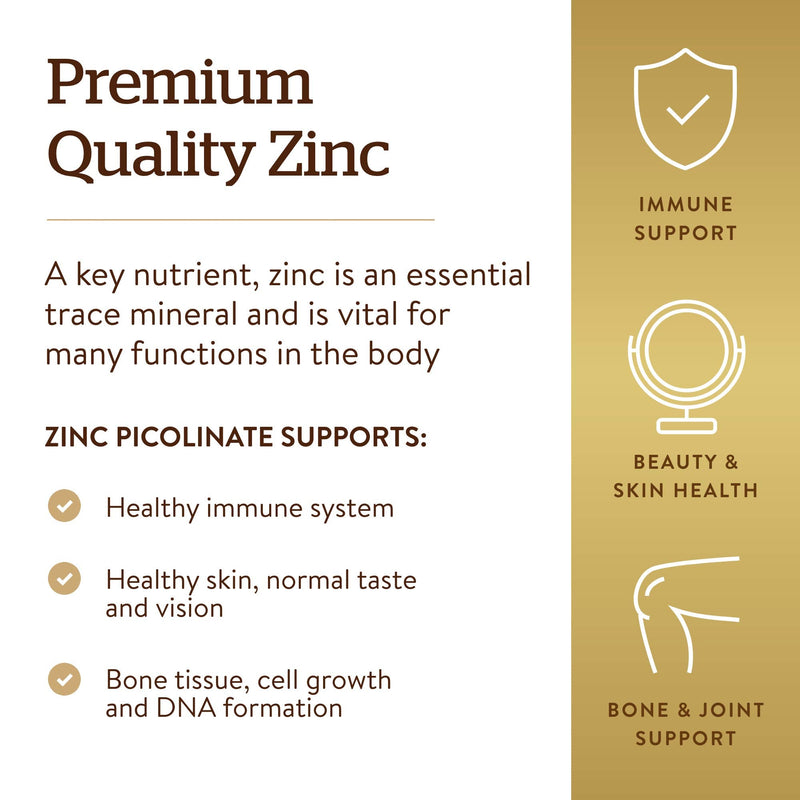 Solgar Zinc Picolinate 22 Mg Tablets - Pack of 100 - Healthy skin, hair and nails - Highly absorbable premium form, Easy to Swallow - Vegan - BeesActive Australia