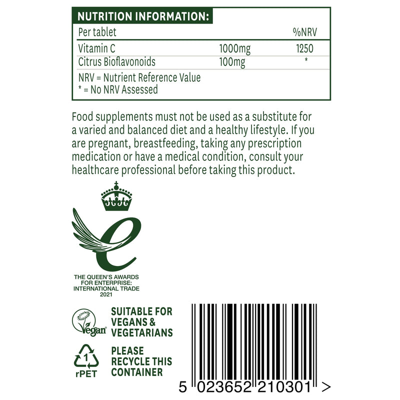 Natures Aid Vitamin C, Time Release 30 Tablets, 1000 mg (with Citrus Bioflavonoids, Slow Release, for the Normal Function of the Immune System, Vegan Society Approved, Made in the UK) Vitamin C Time Release 1000 mg, 30 Tablets - BeesActive Australia