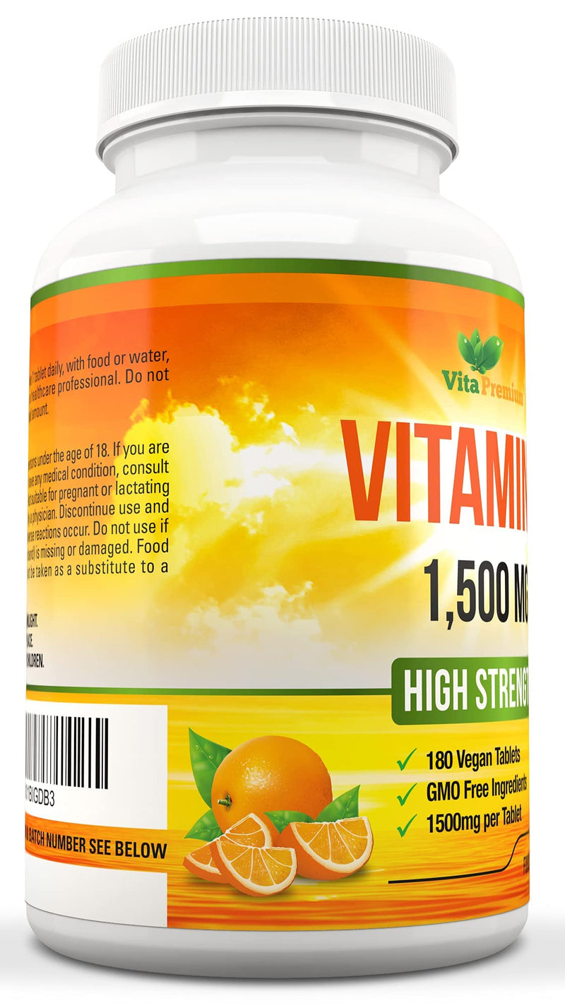Vitamin C 1500mg per Tablet, High Strength 180 Vegan Tablets, Food Supplement, 6 Month Supply - Made in UK - BeesActive Australia