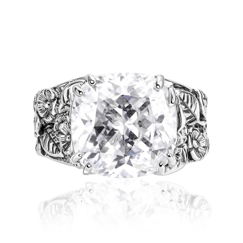 JEAN RACHEL JEWELRY 925 Sterling Silver Statement Ring White Cushion Shaped Cubic Zirconia CZ Floral Leaves Vintage Antique Look Hypoallergenic 8 - BeesActive Australia