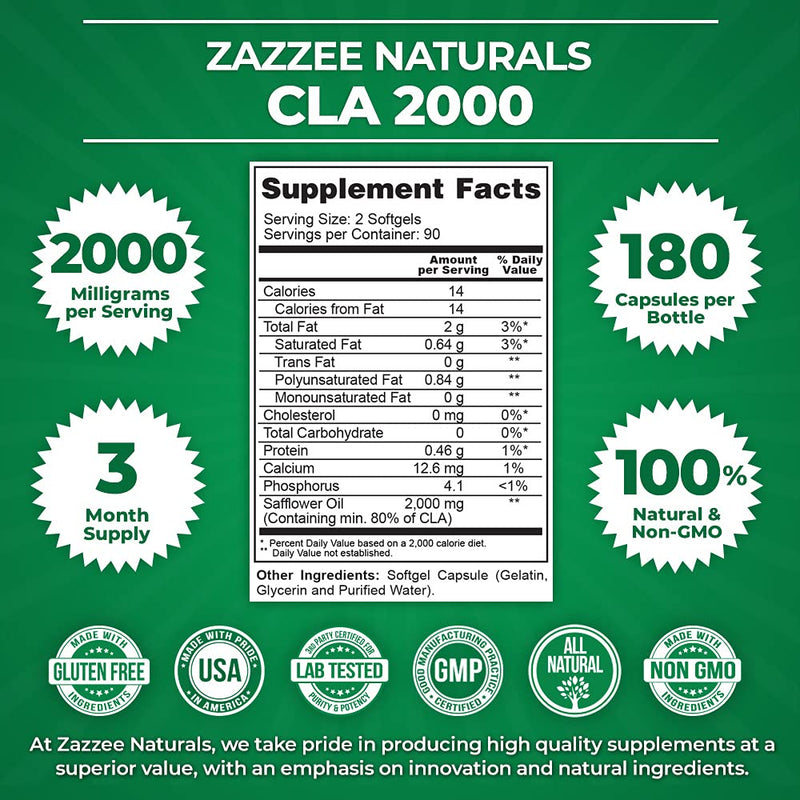 Zazzee Naturals CLA 2000, 180 Softgels, 2000 mg per Serving, Concentrated and Standardized High-Potency Conjugated Linoleic Acid, 60 Day Supply, Lab-Tested, Non-GMO and Made in The USA - BeesActive Australia