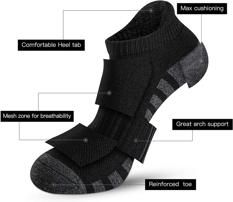 Airacker Ankle Athletic Running Socks Cushioned Breathable Low Cut Sports Tab Socks for Men and Women (6 Pairs) 9-12 Black - BeesActive Australia