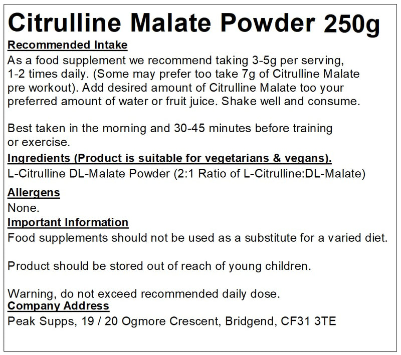 Citrulline Malate Powder | Pure | 2 to 1 Ratio (250g) 250 g (Pack of 1) - BeesActive Australia