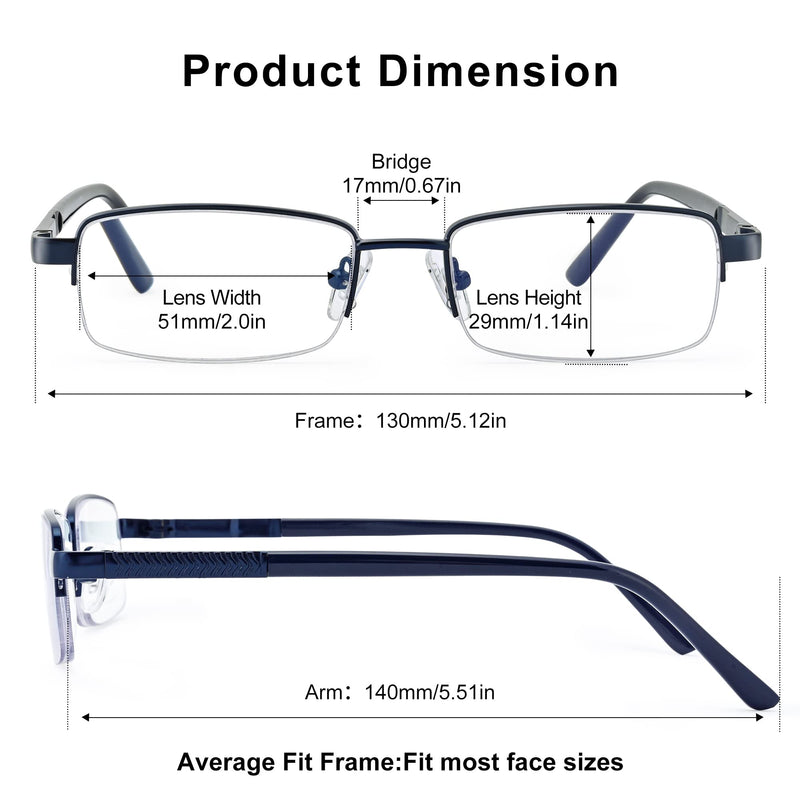 Madison Avenue Metal Half Frame Blue Light Blocking Reading Glasses for Men Spring Hinge 0.0 x - BeesActive Australia
