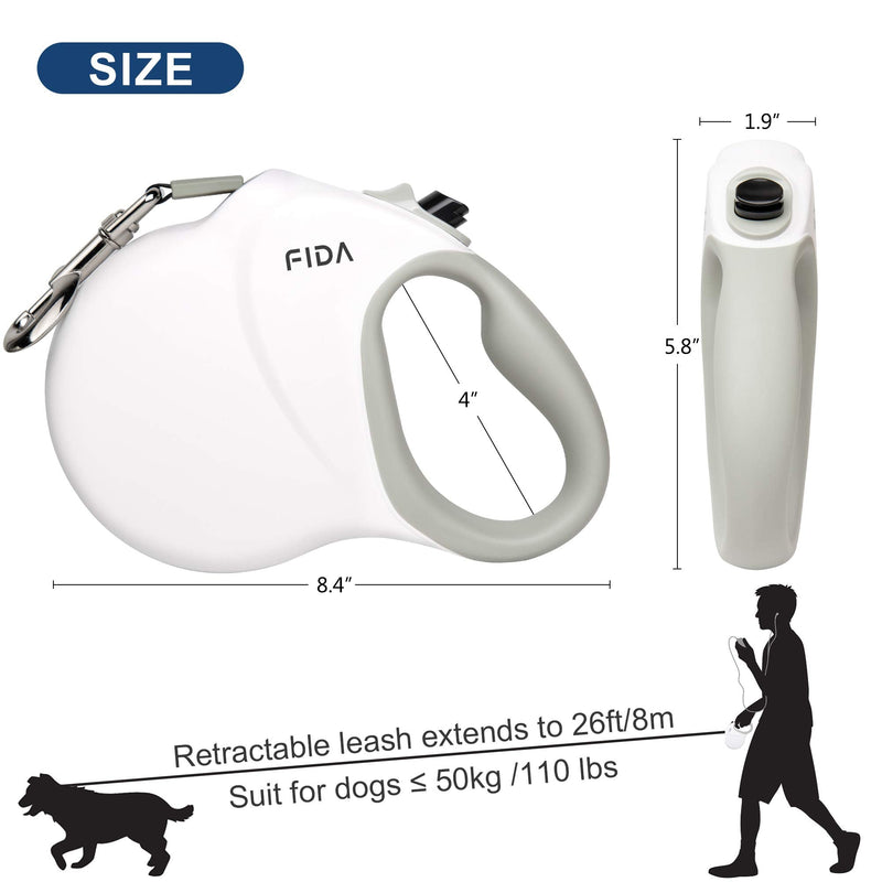 Fida Retractable Dog Leash 26ft, Heavy Duty Pet Walking Leash for Medium/Large Dogs up to 110 lbs, Tangle Free. One-Hand Brake White - BeesActive Australia