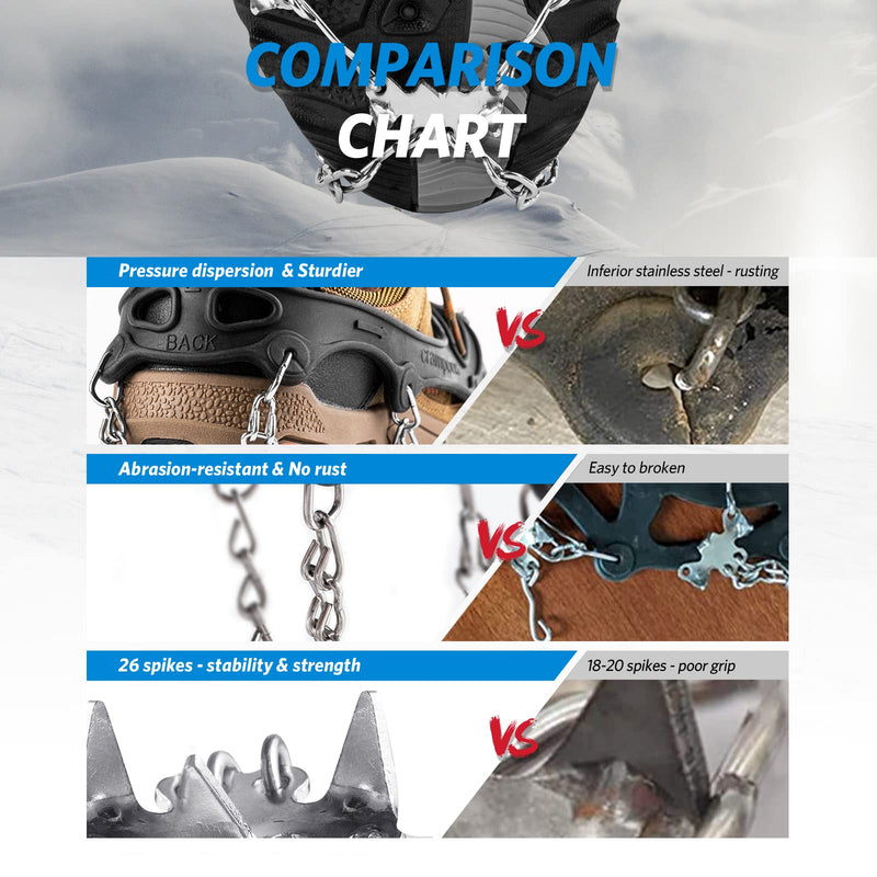 Upgraded 26 Spikes Crampons Ice Cleats for Shoes and Boots, Non Slip Shoe Ice & Snow Grips for Men and Women Safe Protect for Winter Hiking, Walking, Ice Fishing, Climbing, and Jogging X-Large - BeesActive Australia