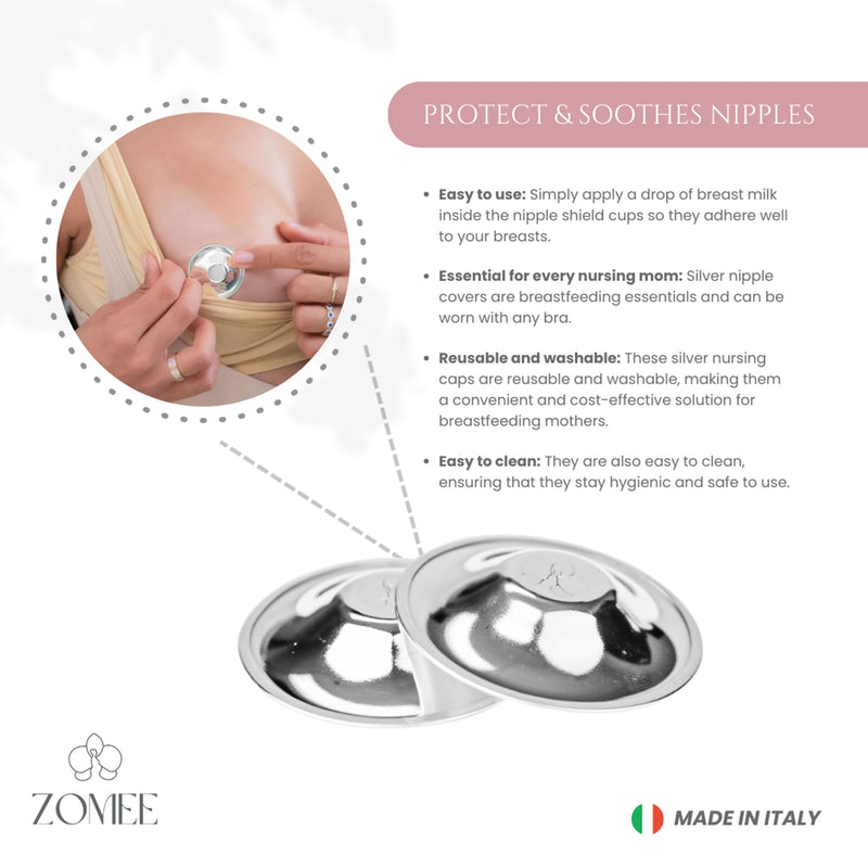 Zomee Original Silver Nursing Cups - Nipple Shields for Nursing Newborn - Breastfeeding Essentials - Tri-Laminate Silver Protect and Soothe - Nipple Covers - Made in Italy (Standard) Standard - BeesActive Australia