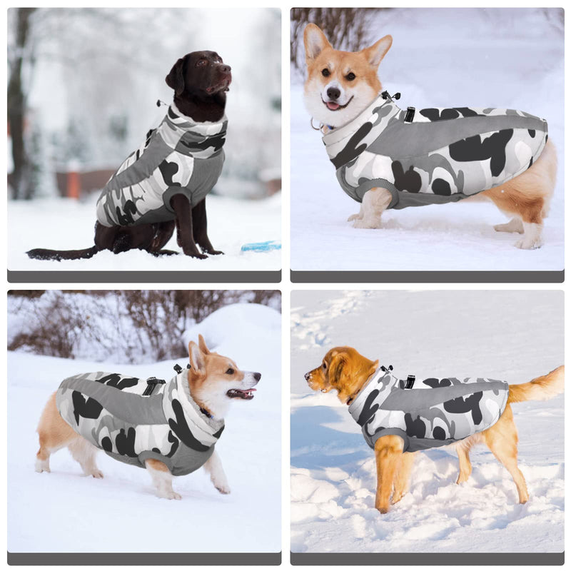 Dog Winter Coat, FUAMEY Soft Fleece Lined Warm Dog Jacket Winter Waterproof Windproof Camouflage Dog Fleece Vest for Cold Weather, Reflective Cozy Dog Coat Dog Apparel for Small Medium Large Dogs X-Large(chest:30in） grey - BeesActive Australia