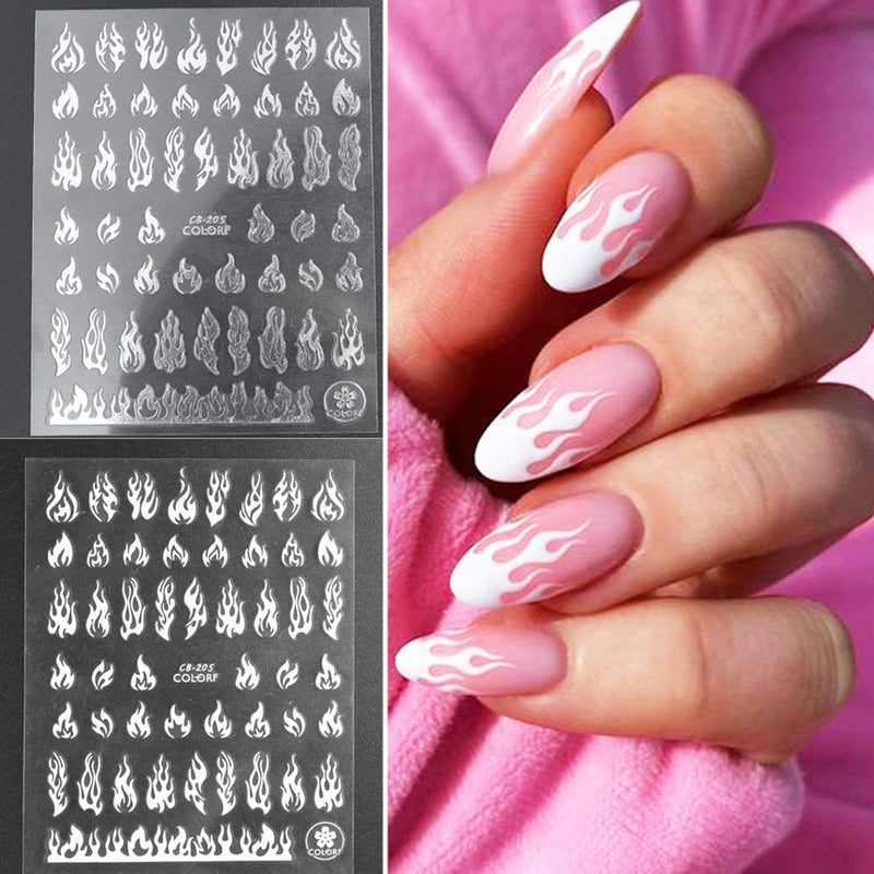 Flame Nail Art Stickers 4 Sheets Fire Nail Stickers 3D Flame Nail Decals Nail Art Supplies Adhesive Nail Foils White Black Silver Gold Flame Nail Sticker for Acrylic Nails Design Nail Art Accessories - BeesActive Australia