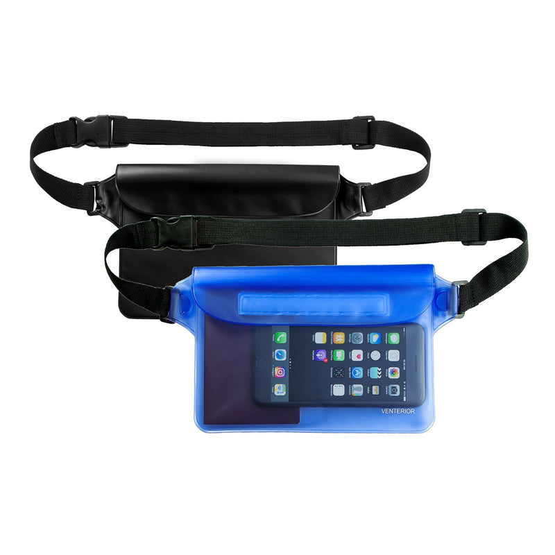 [AUSTRALIA] - Venterior Waterproof Pouch 2 Pack with Adjustable Waist Strap - Keep Your Phone Wallet Safe and Dry - Dry Bag for Swimming Snorkeling Boating Sailing Water Parks Blue & Black 