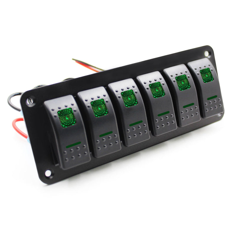 [AUSTRALIA] - FXC Rocker Switch Aluminum Panel 6 Gang Toggle Switches Dash 5 Pin ON/Off 2 LED Backlit for Boat Car Marine Green 