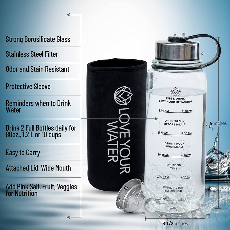 Love Yourself Wellness 40oz.Glass Water Bottle with Sleeve Motivation and Teaching times when to Drink Wide Mouth Stainless Steel Filter Attached lid Hydrating Sport Water Bottle LOVE YOUR WATER - BeesActive Australia