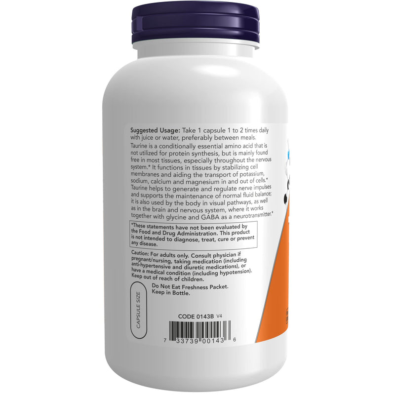 NOW Supplements, Taurine 1,000 mg, Double Strength, Nervous System Health*, 250 Veg Capsules 250 Count (Pack of 1) Standard Packaging - BeesActive Australia