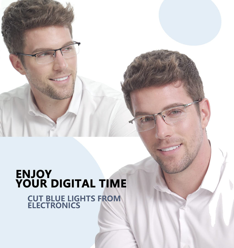 JJWELL 3 Pack Blue Light Reading Glasses for Men, Lightweight Metal Rectangle Semi Rimless Readers for Men, Anti Eyestrain/Computer Glare/UV, Half Frame Spring Hinge Eyeglasses with Pouches Black Gunmetal Brown 1.5 x - BeesActive Australia