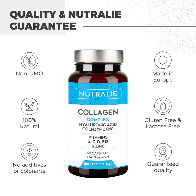 Collagen + Hyaluronic Acid + Coenzyme Q10 + Vitamins A, C, D and B12 + Zinc | for Skin, Joints and Hair | Hydrolysed Collagen 60 Capsules | Nutralie - BeesActive Australia