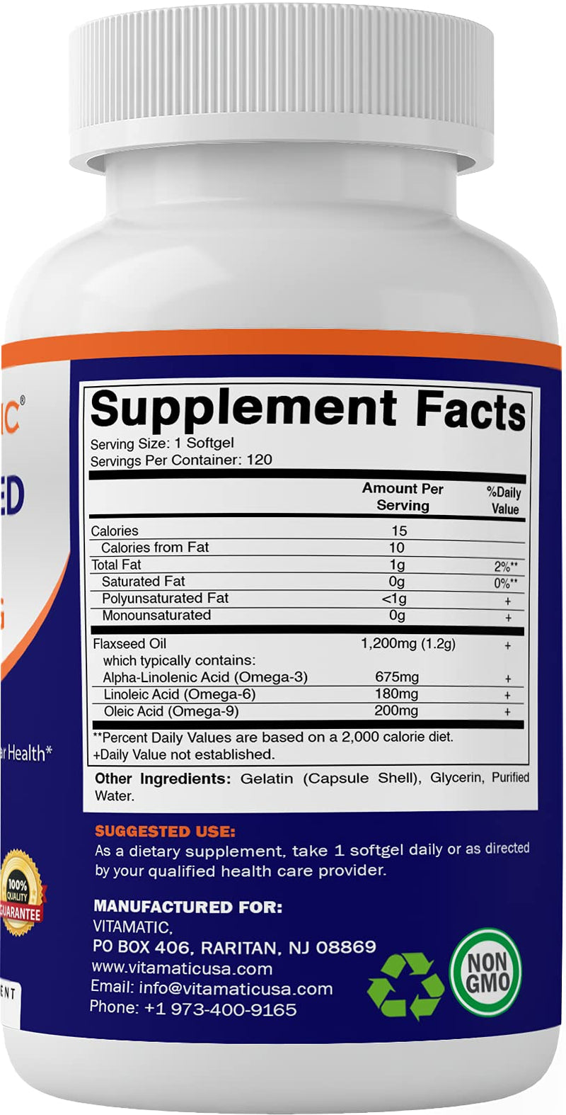 Vitamatic Flaxseed Oil 1200mg 120 from Cold Pressed Flax Seed - 675 mg of ALA Omega 3 Fatty Acids for Improving Heart Health - BeesActive Australia