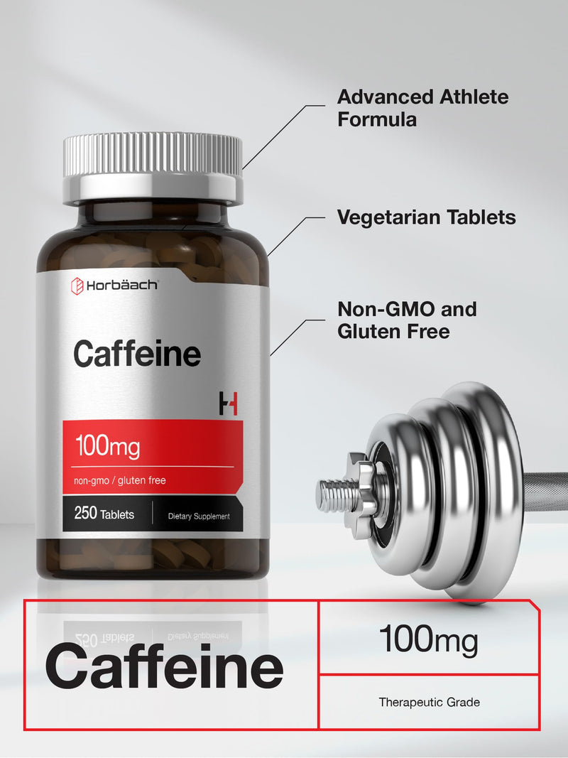 Caffeine Pills 100mg | 250 Tablets | Vegetarian Formula | Non-GMO, Gluten Free Supplement | by Horbaach - BeesActive Australia