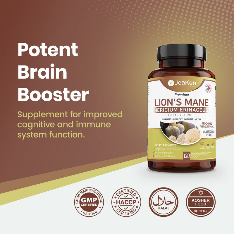 JeaKen - Lions Mane Mushroom, Immune System Booster and Brain Power Supplement, Promotes Cognitive Function and Wellness, 120 Vegan Lions Mane Capsules - BeesActive Australia