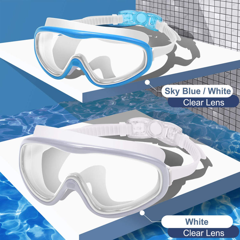 [AUSTRALIA] - Braylin Adult Swim Goggles, Pack of 2 No Leaking Swimming Goggles Anti-Fog UV Protection, Wide Vision Swim Glasses with Nose Clips Ear Plugs for Men Women Youth, Over 15 03.Sky Blue(Clear Lens)+White(Clear Lens) 