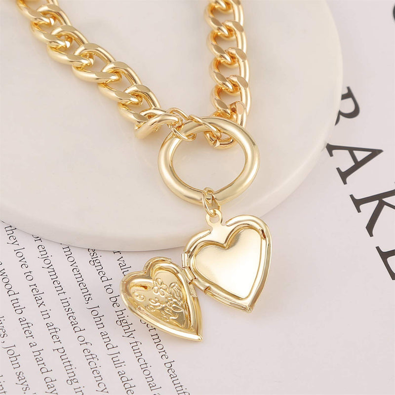 Kercisbeauty Miami Cuban Link Gold Chain Choker with Open Circle Heart Locket Charm Necklace for Women and Girls Punk Jewelry - BeesActive Australia